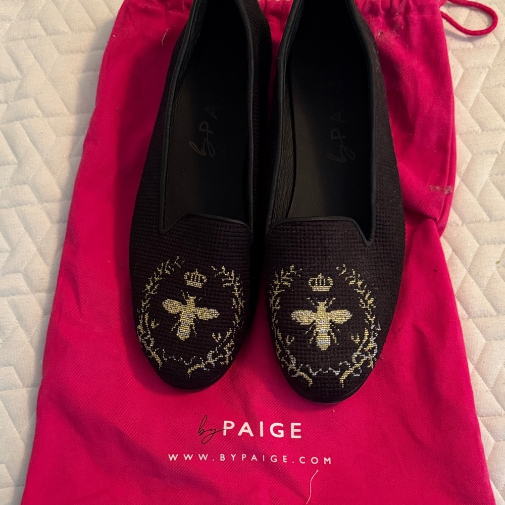 By PAIGE Black needlepoint Flats with Gold Embroidered Bee Motif